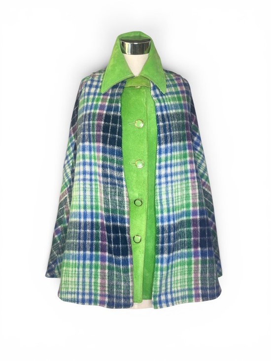 Pioneer Wear Jackets & Blazers - Vintage Pioneer Wear Plaid Wool & Green Suede Cape Vest Set | 1970s Southwestern